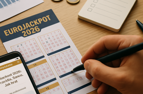 A realistic desk scene with an adult hand marking a Eurojackpot 2026 ticket beside