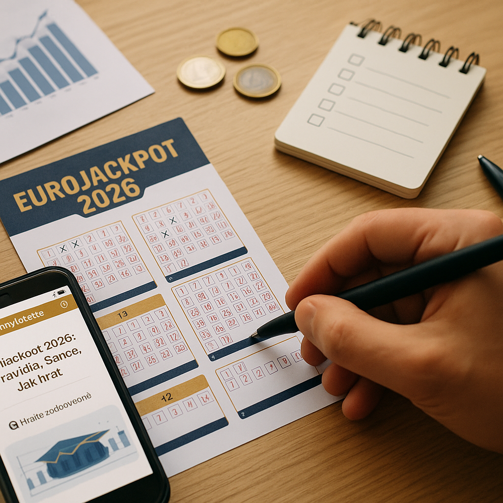 A realistic desk scene with an adult hand marking a Eurojackpot 2026 ticket beside